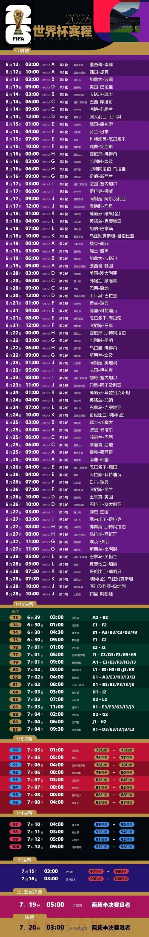 2026世界杯完整赛程今日比赛时间表免费观看 2026世界杯完整赛程今日比赛时间表免费观看